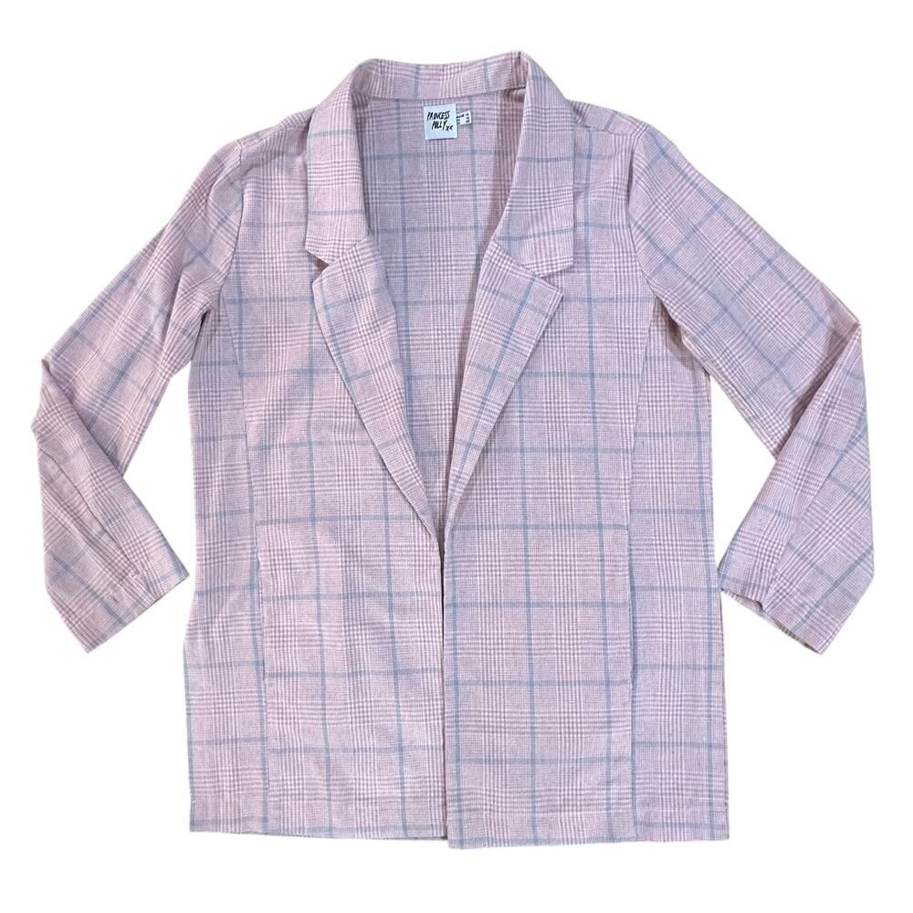 Princess Polly Size 10 Pale Pink Blue Plaid Open Front Blazer Preppy Clueless